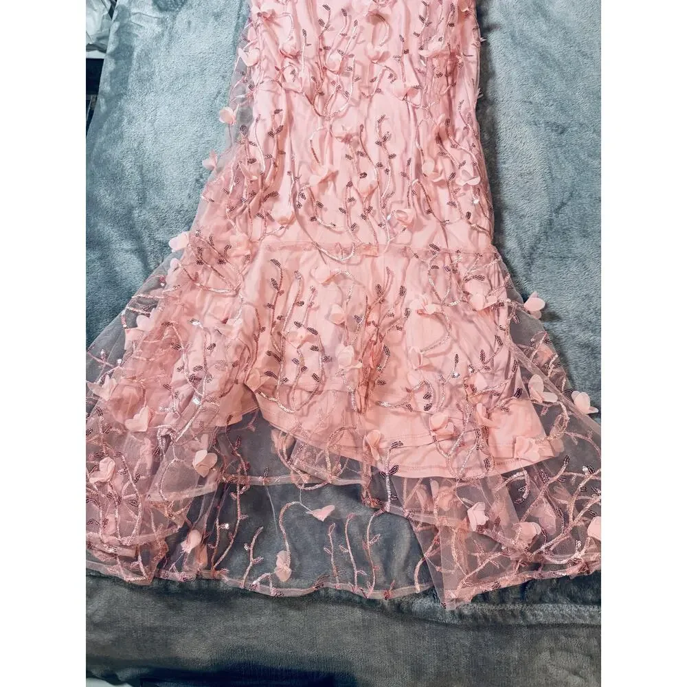 NWT Dessy SHEER HALTER NECK 3D FLORAL EMBROIDERED DRESS HIGH-LOW HEM Pink SZ 12 - Picture 9 of 12